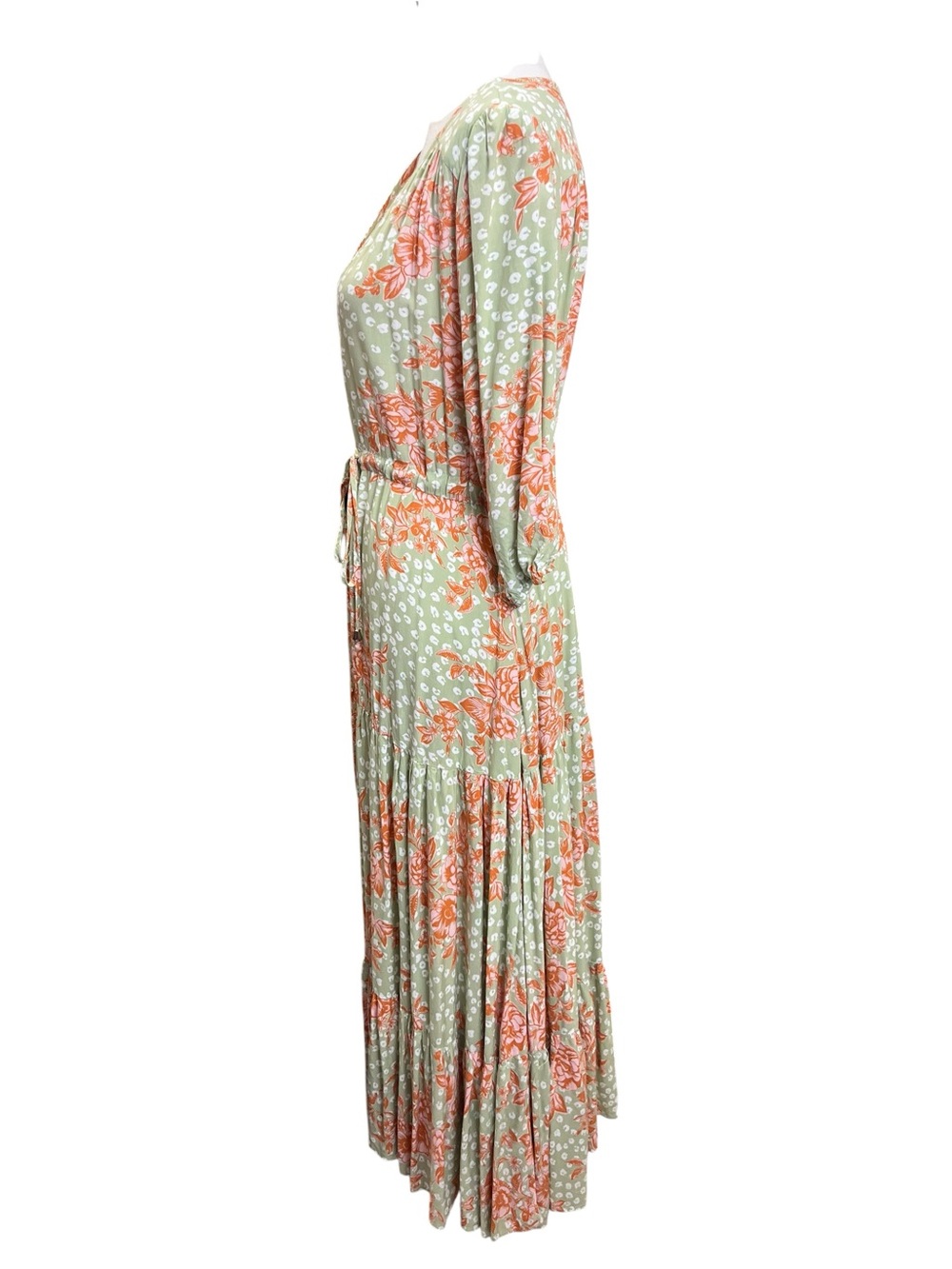 Abel The Label Floral Maxi Dress Medium Green Boho Tiered Rayon V Neck - Picture 6 of 12